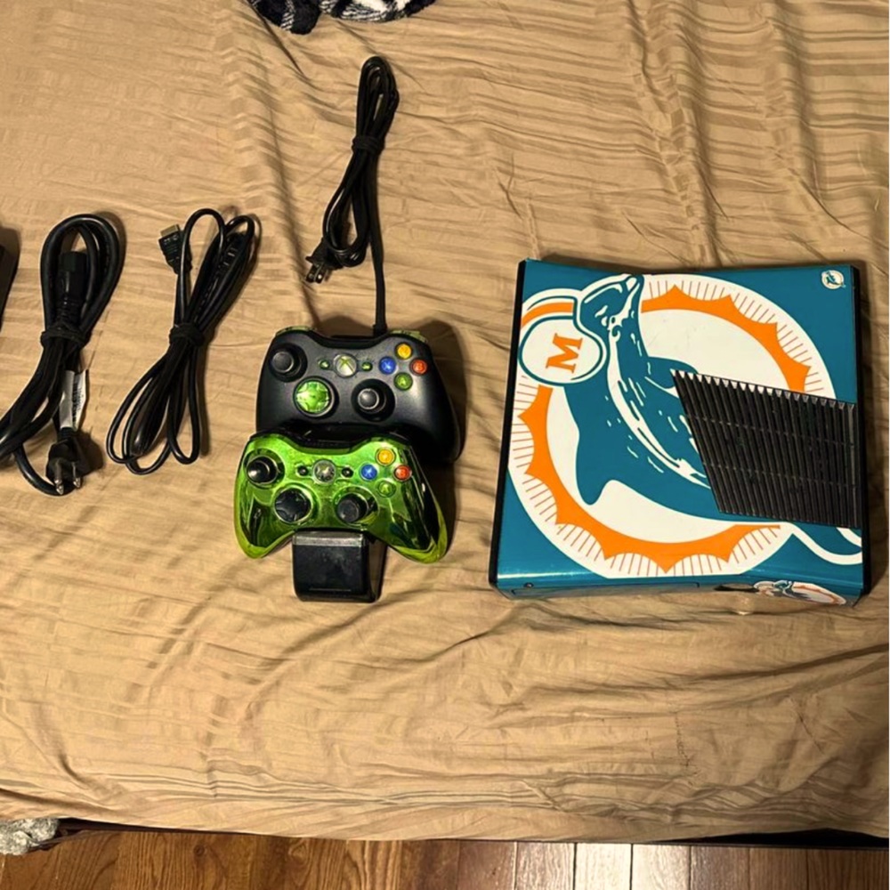 Xbox 360 with two controllers and games